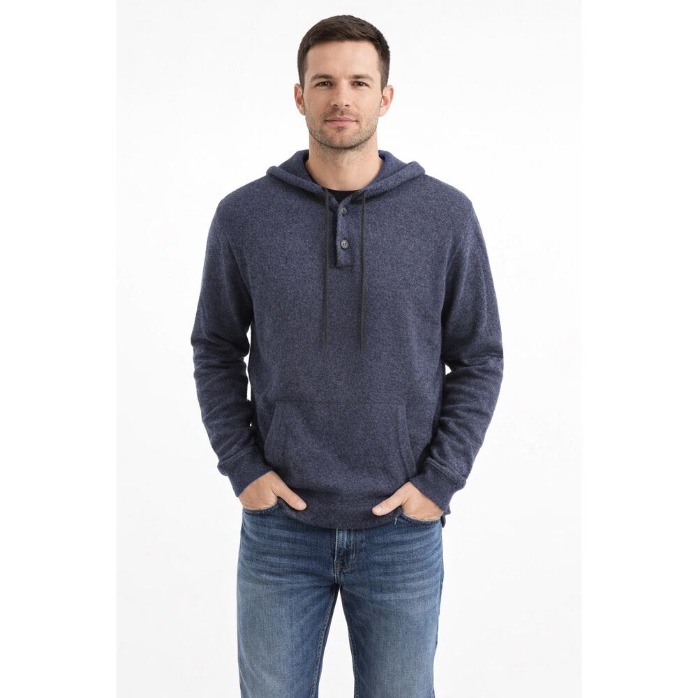 Raffi‎ Birdseye 100% Cashmere V-neck Hoodie, Heathered Navy size Medium